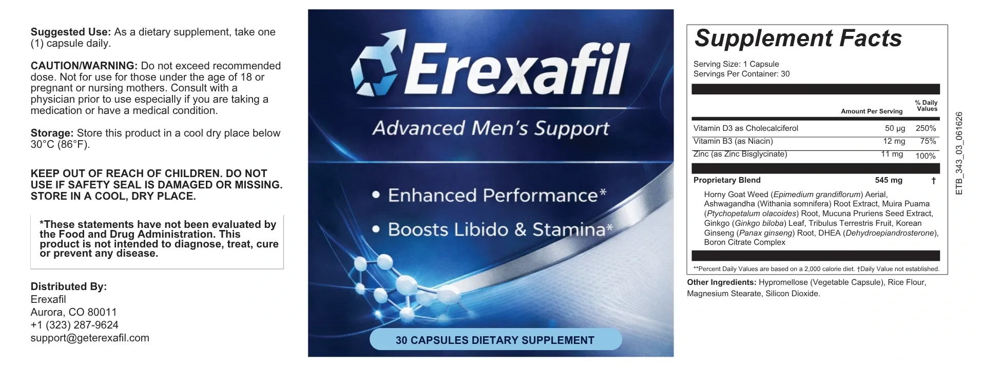 Erexafil Supplement Facts label showing nutrients and proprietary blend